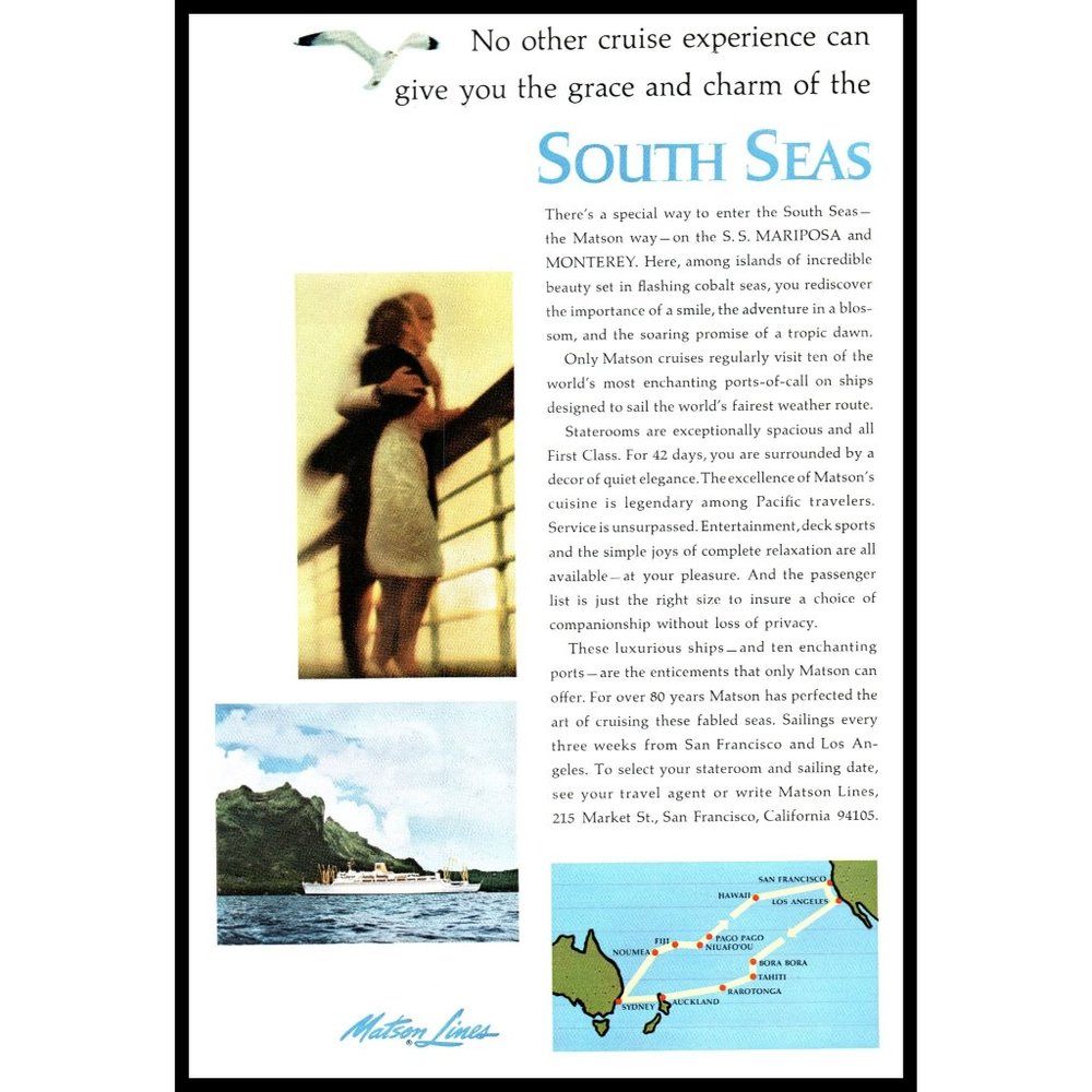 1965 Matson Lines Cruises Cruise Ship South Seas Pacific Vintage Print Ad Decor